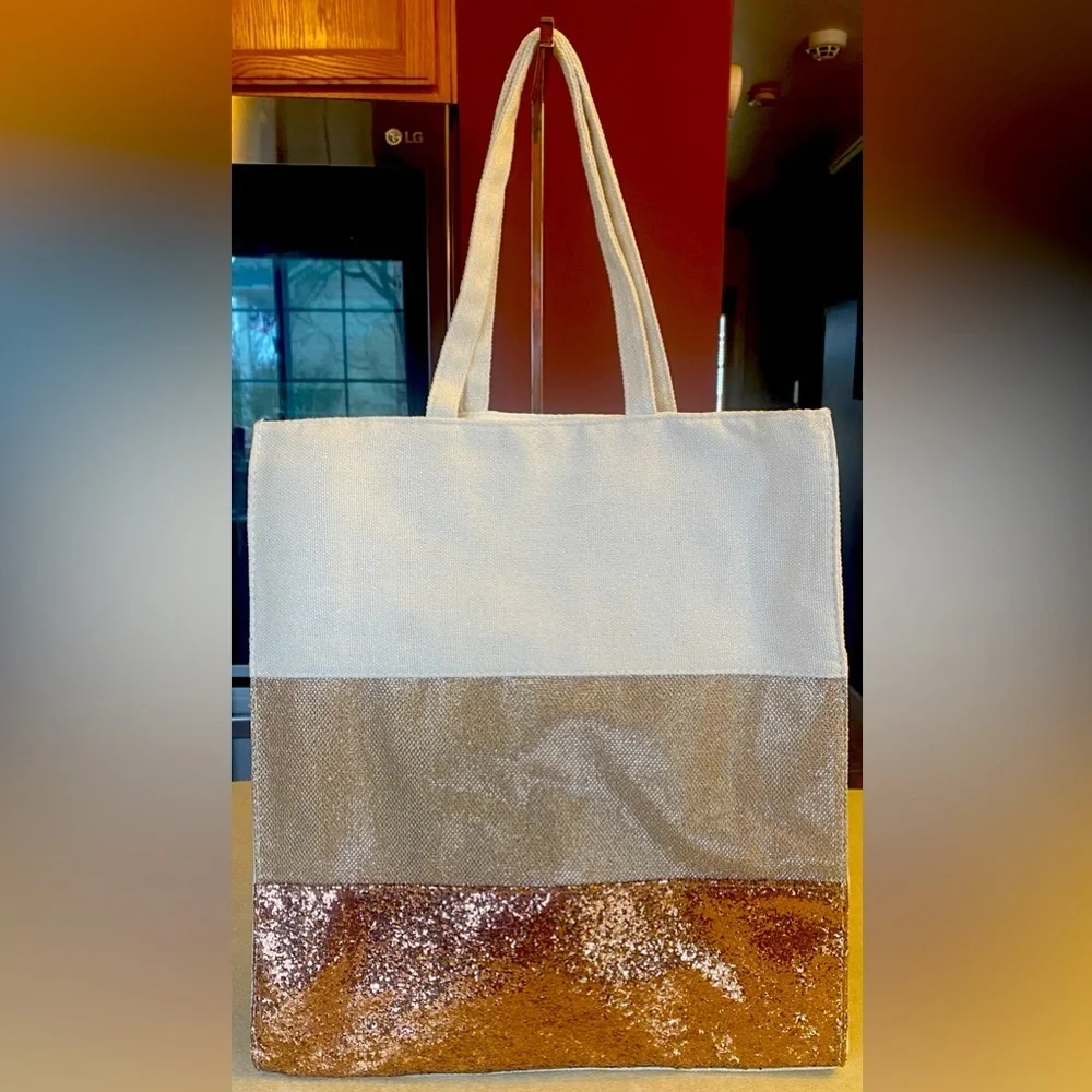 CLARINS Champagne Bronze Glitter Canvas Lined Tote Bag, NWOT